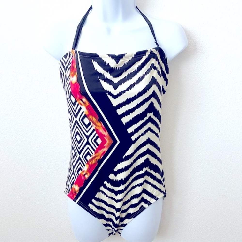 Carmen Marc Valvo,  One Piece Striped Abstract Swimsuit